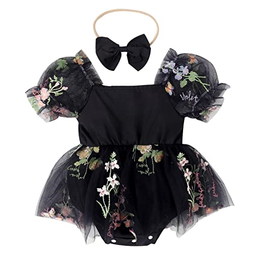 ODASDO Dresses for Baby Girls Birthday Party Newborn Princess Romper Flower Embroidery Short Sleeve Sundress with Headband