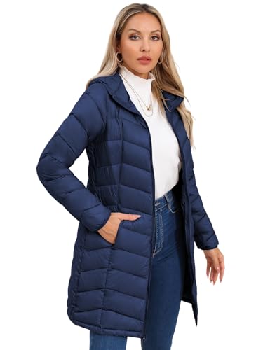 SLOWTOWN Women’s Packable Puffer Coat Lightweight Hooded Puffer Jakcet Mid Length Warm Winter Coat2