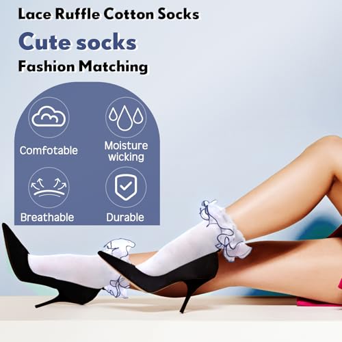 Image of Geyoga 3 Pairs Women Big Ruffle Socks Turn Cuff, Double Lace Ankle Cotton Frilly Socks for Ladies Summer