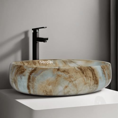 Image of Designer Counter Top Wash Basin | Tabletop Ceramic Bathroom Sink | Wash Basin Over Counter | Wash Basin For Bathroom, Living Room (24 x 15 x 6 Inch) (Glossy Brown N White)