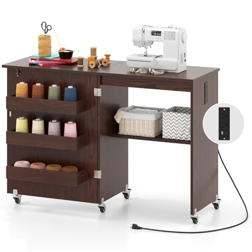 Giantex Folding Sewing Table with Storage, 3 Side Trays & Open Shelf, Built-in Charging Station, Mobile Craft Desk with Lockable Wheels, Space-Saving Sewing Machine Table for Home, Dorms, Espresso