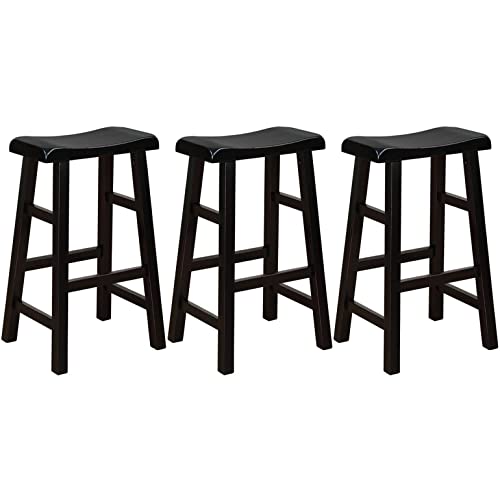 eHemco Heavy-Duty Solid Wood Saddle Seat Kitchen Counter Barstools, 29 Inches, Black, Set of 3