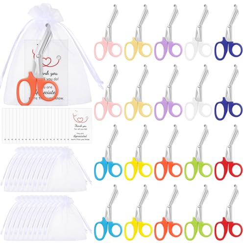 Threlaco 20 Pcs Trauma Shears, Gifts for Nurse Day, Medical Scissors with Organza Bags and Thank You Gift Tags, Stainless Steel Gauze Shears for Nurses Doctors EMS Volunteers (Bright Colors)