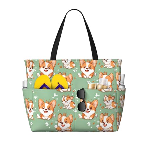 Large Beach Bags for Women Sandproof - Cute Corgi Dog Print Summer Travel Work Tote Bags with Zipper