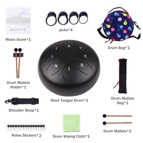Steel Tongue Drum Kids Instrument: Musical Metal Tank Drums Set 6 Inch 8 Notes C-Key for Meditation Yoga Education Percussion with Bag, Music Book, Mallets, Finger Picks(Black)