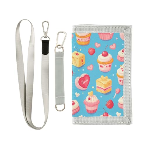 Yoogain Dessert Cake Cartoon Blue Pink mens wallets for womens Trendy billfolds with lanyard