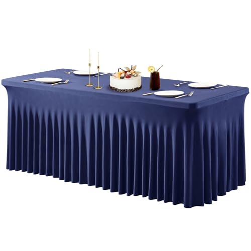 PARTISKY Navy Blue Spandex Tablecloth for 4ft Rectangle Tables, Stretchable Table Cover Skirt for Folding Tables Weddings Parties Banquets Events Trade Shows and Dessert Table
