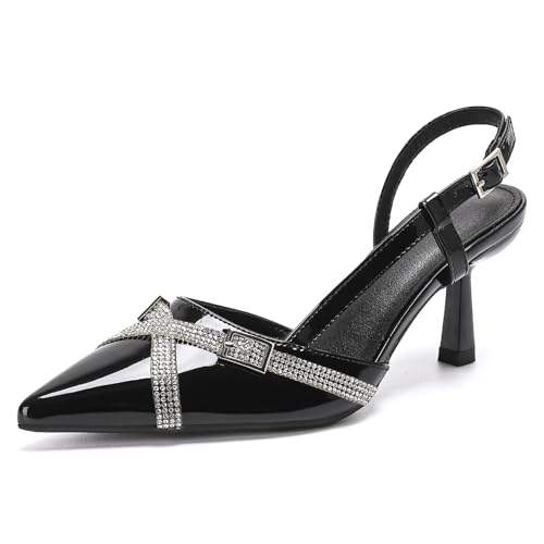 getmorebeauty Women's Slingback Kitten Heels Rhinestone Pumps Buckle Strap Closed Pointed Toe Wedding Party Dress Sandals Shoes Comfortable