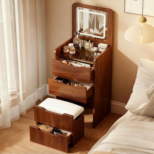 UKETO Modern Compact Vanity with Hidden Chair - 3 in 1 vanity desk Solid Wood with Flip Top Mirror and Lights,Glass To for Small Bedrooms, Apartments