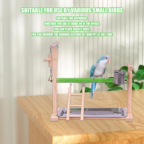 Image of Bird Playground, Natural Wood Bird Perch Stand with Removable Tray and 2 Stainless Steel Feeder Cups, Parrot Playstand Bird Cage Toys for Conure Parakeet Cockatiel Parrot (C)