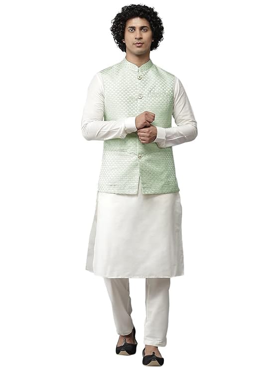 see designs Men Sap green & White Solid Kurta Pyjamas With Nehru jacket-picture-13