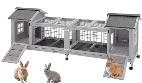 Aivituvin Rabbit Hutch with Run, Bunny Cage with Wheels Guinea Pig House with No-Leak Trays