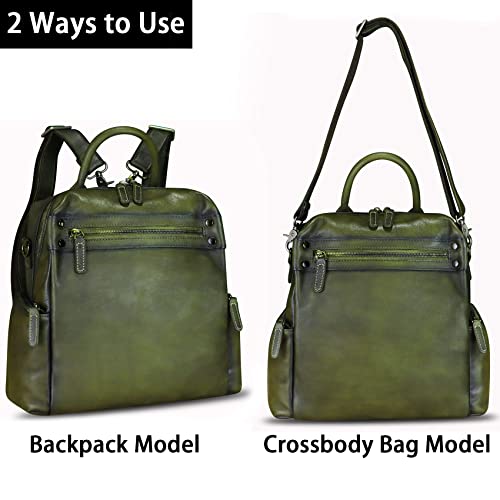 Image of Genuine Leather Backpack for Women Convertible Design Shoulder Bag Vintage Casual Daypack Knapsack Rucksack Purse (Green)