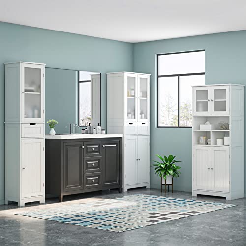 Horstors Tall Bathroom Cabinet, Freestanding Storage Cabinet With Glass Doors And Adjustable Shelf, Modern Linen For Bathroom, Living Room, Kitchen, White, 23.6" L X 11.8" D 58" H #TOP4