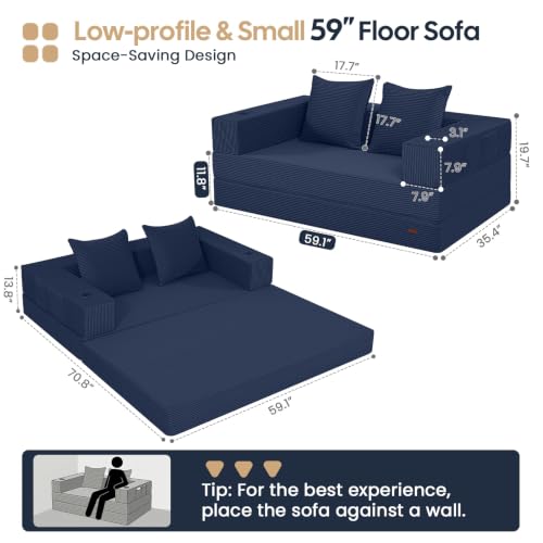 Image of COMAX Futon Sofa Bed, Convertible Sofa Bed, Folding Boneless Couches | Low-Profile Small Boneless Couch for Living Room, 11.8 inch H Low Seat 59 inch Foldable Floor Sofa Lounge Space‑Saving