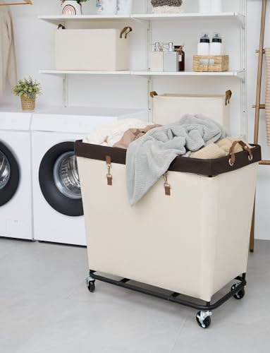 Image of StorageWorks Laundry Basket with Wheels for Clothes, 320L Beige Hamper Cart