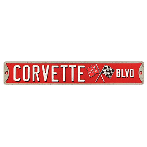 Open Road Brands Corvette Boulevard Tin Sign - 20x3.38 inches - Red - Wall Mount - Decorative Sign