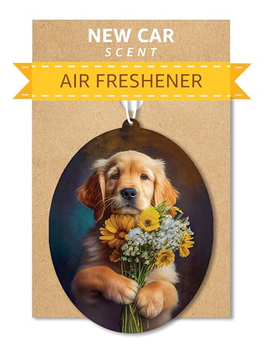 Image of Golden Retriever - Dog Car Air Freshener - Cute Hanging Dog with Flowers Decor New Car Scent, Infusible with Your Own Scent, Pet Safe, Non-Toxic, Freshener for Car, Closet, Office Size - 3x4 inch