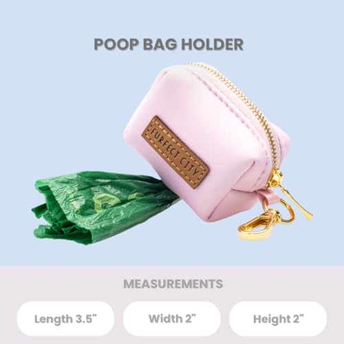 Image of Dog Poop Bag Holder with Leash attachment, Waste litter bag container, Lead accessories, Metal hook hands free holder, Zipper pouch stylish gold hardware (Pink)