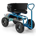 COSTWAY Rolling Garden Cart, Height Adjustable Swivel Gardening Stool Trolley with Tool Tray & Basket, Gardener Planting Workseat Scooterfor Patio Lawn Yard (90x61x60-70cm,with Handle&Cushion,Blue)