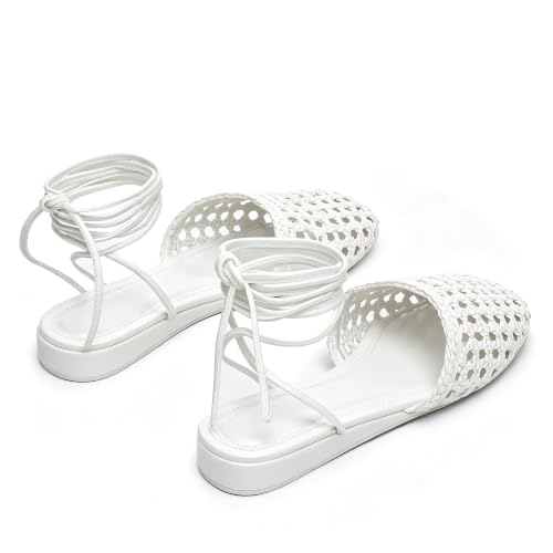 Image of Woven Ballet Flats for Women Lace Up Closed Square Toe Summer Sandals Dressy Shoes