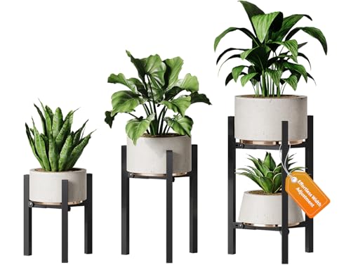 AZADESJET 3 Pack Plant Stand Indoor Adjustable Metal Modern Indoor Plant Stand Heavy Duty Single Plant Stands Outdoor Corner Stable Plant Holder Indoor Stand Fits 8 to 12 Inches Pots Black