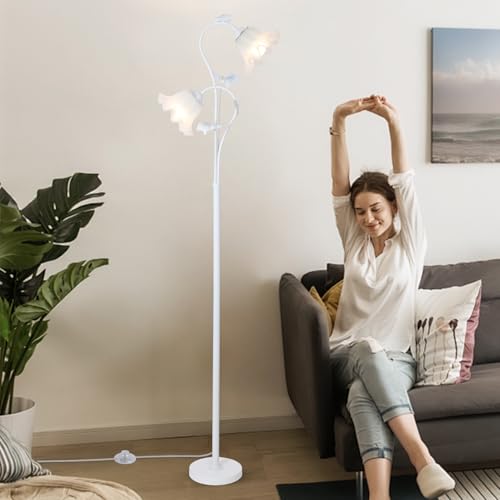 Image of HMVPL White Flower Standing Lamp, Floral Tall Lamp with 2 LED 5W Blubs, Foot Switch, Modern Corner Floor Lamp with Acrylic Shade, Antique Lotus Flower Floor Lamp for Living Room Office Reading