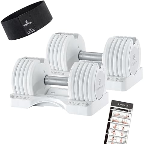 BYZOOM FITNESS Adjustable Dumbbell Set of 2 25lb White & Booty Band Set Hard Black Cover