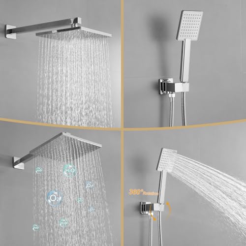 Set de grifería de ducha BWE con rociador de lluvia y ducha manual | Funciones duales, incluye válvula y kit de instalación, montaje en pared, diseño minimalista cuadrado moderno miniatura 4