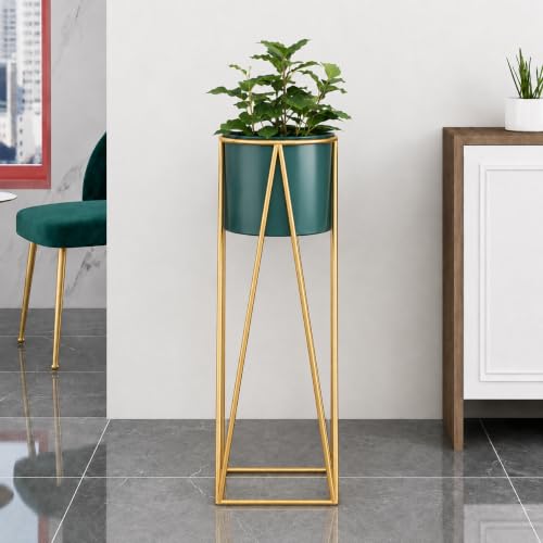 Image of LIBAN Modern, Stylish Metal Planter with Stand for Indoor & Outdoor Plants | Tall Plant Pot for Living Room, Balcony, Garden | Decorative Floor Flower Pot (Set of 1) (Green)
