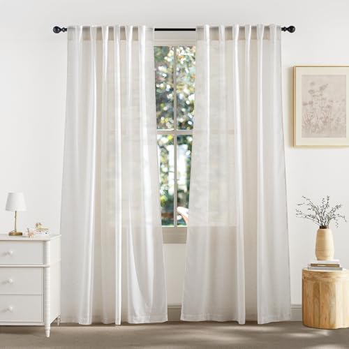 RYB HOME Sheer Curtains 108 inches Long Linen Blend Vertical Extra Long High Ceiling Window Drapes for Living Room, Office, Nursery, Rod Pocket & Back Tab, Ivory, W 52 x L 108 inch, Set of 2