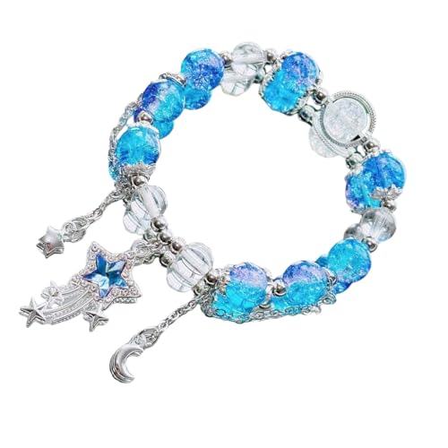 [ECVGHD] Colorful Crystal Beaded Bracelet Star and Moon Charm Stretch Jewelry for Women