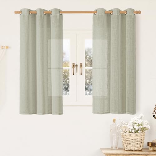 Image of LAMIT Short Linen Curtains 54 Inch Length for Bedroom, Semi Sheer Light Filtering Drapes Bronze Grommet Linen Textured Panels for Kitchen /Bathroom /Living Room, 2 Panels, Sage Grey, 34 X 54 Inch
