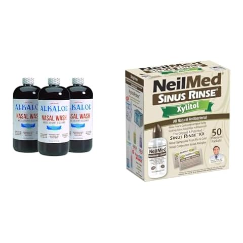 Alkalol Nasal Wash 3 Pack, NeilMed Sinus Rinse Kit with Xylitol - Natural Relief from Nasal Congestion, Dissolves Mucus, Antibacterial Cover
