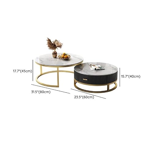 Craftthink Coffee Table, Contemporary Slate Top Coffee Table Set Of 2 Marble Pattern Cocktail Table With Drawers Side End Table For Living Room, 31.5"L X 31.5"W X 18"H + 23.5"L X 23.5"W X 15.5"H #TOP1