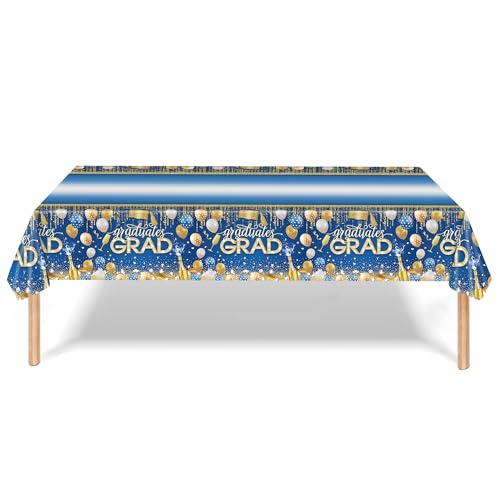 Image of 3pcs Graduation Tablecloth Disposable, 54in x 108in Graduation Decorations for Rectangle Tables, Grad Plastic Table Cover for Party Supplies (Blue Gold)