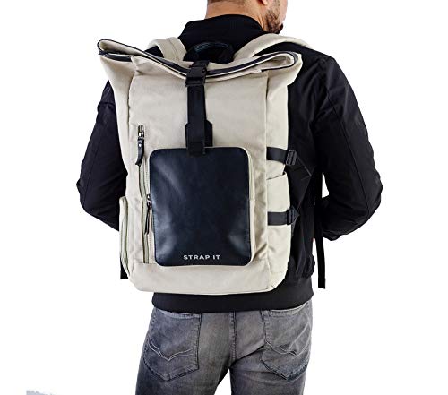 Image of Strap It TABI - Multipurpose Canvas Rolltop Laptop Backpack with Genuine Leather Details
