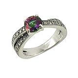 Set in argento puro 925 Esse Marcasite-Anello in argento Sterling, con Marcasite e topazio verde-Anello solitario di forma ellittica, misura O