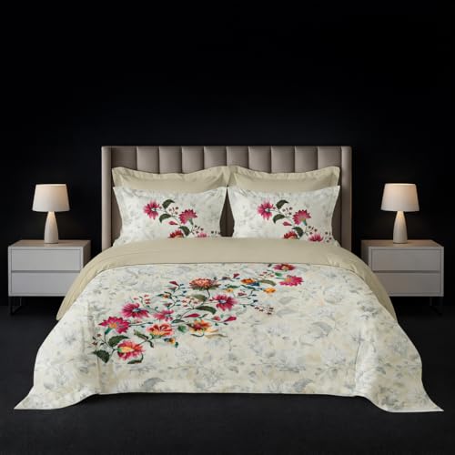 Image of LANE LINEN 100% Cotton Printed King Size Bedsheet - Pink Flowers | OEKO-Tex Certified, 250TC, Fits King & Double Bed, Floral Print, Breathable & Wrinkle-Free, Includes 2 Pillow Covers