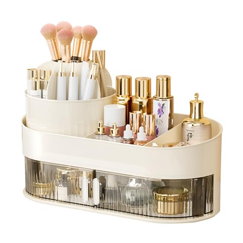 2 Couche Rangement Maquillage Organisateur Maquillage 360 Degrés 2 en 1 Rotatif Organizer Pinceaux Cosmétique Grande Capacité Boîte Multifonctionnel Skincare pour Coiffeuse Salle de bainde Chambre