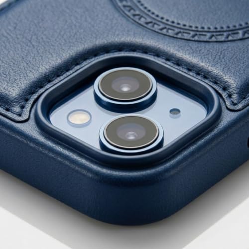 Image of amazon basics Premium PU Leather Case for iPhone 15 Pro, MagSafe Compatible Magnetic Ring, Sleek Protective Back Cover - [Blue]