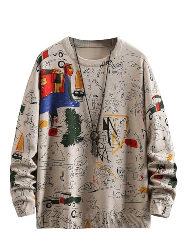 Men's Graphic Sweater Cartoon Long Sleeve Sweater Colorful Crew Neck Pullover Sweaters Streetwear