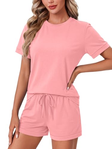 Image of LYANER Pajama Set for Women 2 Piece Lounge Set Striped Crew neck Short Sleeve Tops and Shorts Soft Sleepwear