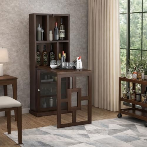 Image of Wooden Bar Cabinet for Home - Large Bar Unit for Living Room with Wine Rack - Foldable Table & Glass Door Storage | Sheesham Bar Table for Home & Bar Counter (Natural)