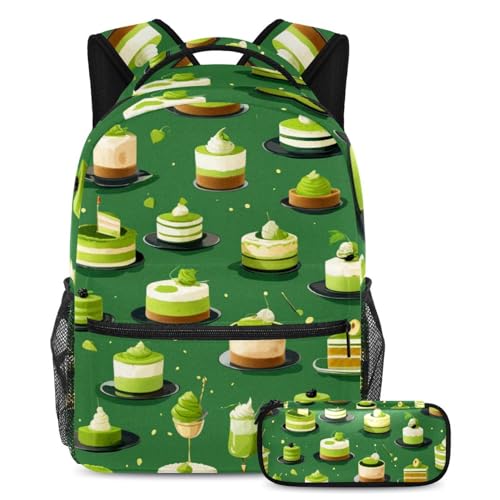 Cartable pour enfants vert avec trousse assortie motif dessert de 40cm