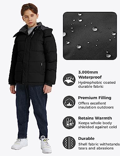 wantdo Boy's Waterproof Puffer Jacket Winter Outerwear Jackets & Coats with Hood Black 14-163