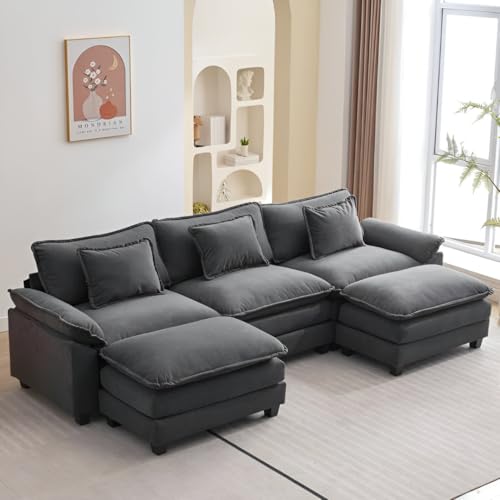 Image of Modern U Shaped Sectional Sofa, Plush Chenille Upholstery, Extra Deep Seats with Throw Pillows for Living Room Office Hotels (Dark Grey)
