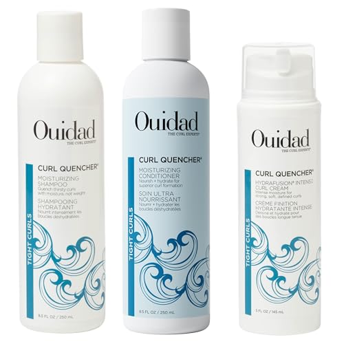 Ouidad Curl Quencher Moisturizing Shampoo, Conditioner & Curl Cream Bundle – 8.5 fl oz Each, Nourishing, Hydrating, Vegan, Color-Safe, Chamomile & Vitamin A & E, Frizz Control, For Tight Curls