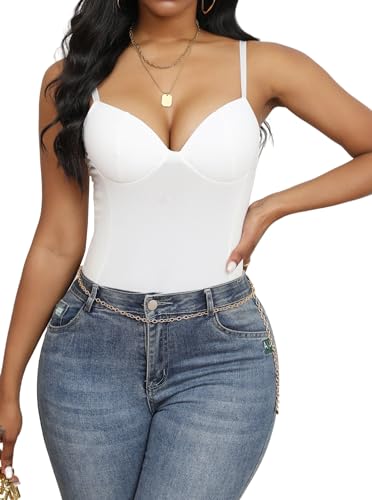 Image of Hilinker Women's V Neck Spaghetti Strap Bodysuit Sexy Sleeveless Camisole Bustier Top