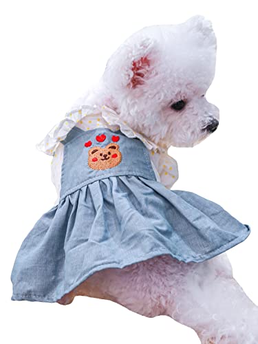 Qwinee Heart & Bear Embroidered Dog Dress Cat Ruffle Trim Denim Dress Pet Suspender Skirt For Small Medium Girl Dogs Puppy Kitten Blue And White Xl #TOP27